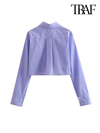 TRAF Women Fashion Loose Cropped Shirts Vintage Long Sleeve Front Button Female Blouses Blusas Chic Tops