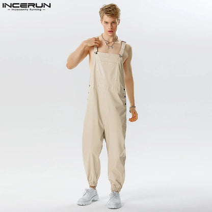 2023 Men Jumpsuits Faux Leather Solid Sleeveless Streetwear Suspender Rompers Pockets Loose Fashion Casual Male Overalls INCERUN