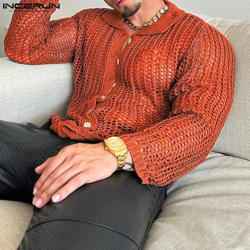 2023 Men Shirt Hollow Out Lapel Long Sleeve Solid Men Clothing Sexy Knitted Streetwear Transparent Unisex Shirts S-5XL INCERUN