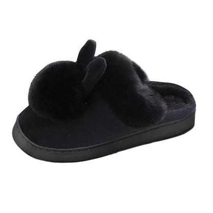 Zapatillas cálidas de piel para el hogar para mujer, calzado de interior con orejas de conejo, calzado con tacones planos para dormitorio interior, pantuflas mullidas de invierno