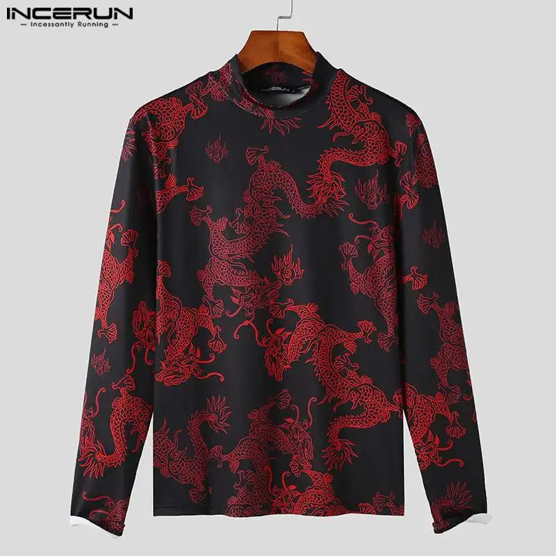 2023 Men T Shirts Vintage Printing Turtleneck Long Sleeve Casual Camisetas Fitness Autumn Streetwear Undershirt S-5XL INCERUN