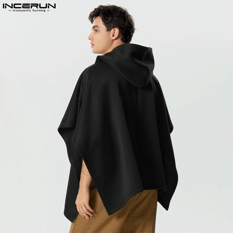 INCERUN 2023, capa para hombre, abrigos de Color sólido con capucha y botones, gabardina Irregular, Ponchos, ropa de calle, moda informal holgada, capa para hombre S-5XL