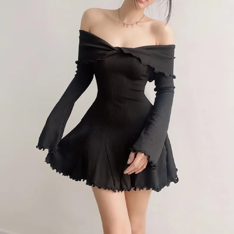 Xeemilo Sexy Low-cut Off Shoulder Dress Elegant Flare Long Sleeve Twist Knot Mini Dresses Y2K Aesthetic Agaric Edge Knit Vestido