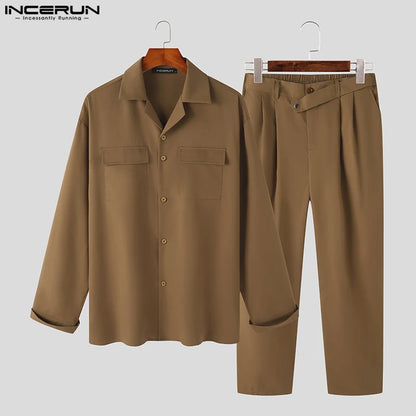 2023 Men Sets Solid Color Lapel Long Sleeve Pockets Shirt & Straight Pants 2PCS Loose Streetwear Men Casual Suits 5XL INCERUN 7