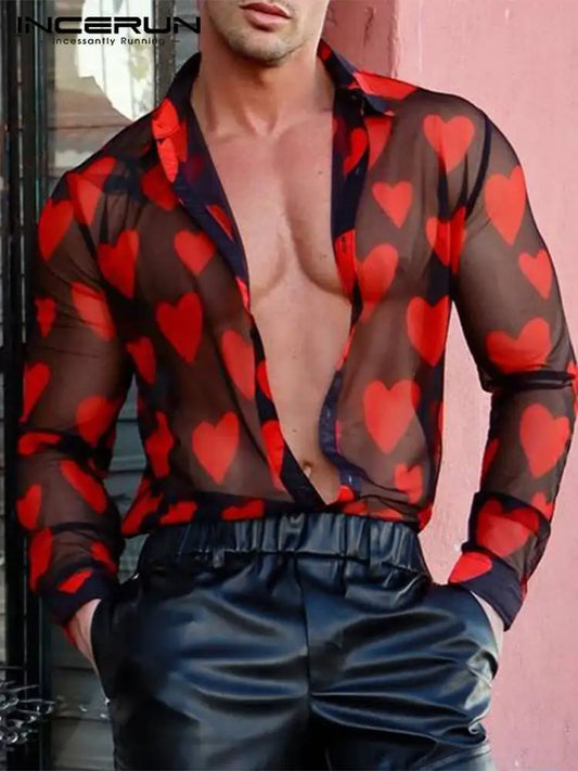 INCERUN 2023, Camisa a la moda para hombre, camisa estampada de malla transparente con solapa, ropa de calle de manga larga para fiesta y discoteca, Camisa informal Sexy 7