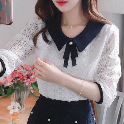 Women's Spring Autumn Style Lace Blouses Shirt Women Peter Pan Collar Solid Color Half Sleeve Elegant Lace Tops SP8676