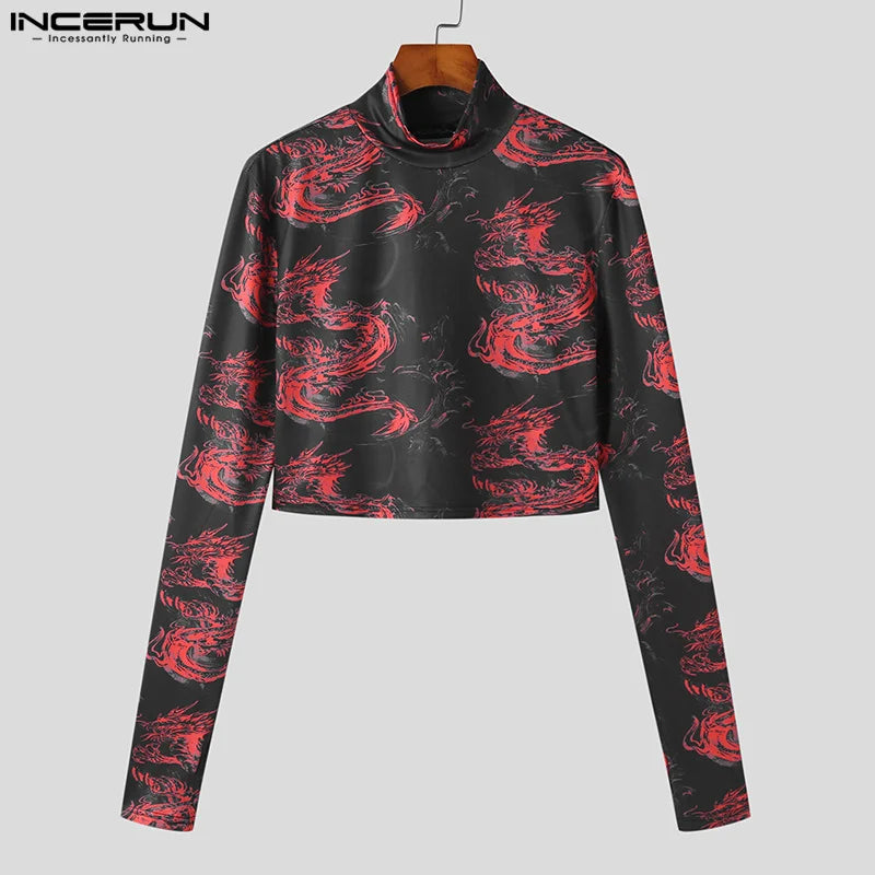 Camiseta con estampado de cuello alto para hombre, Tops cortos informales de manga larga para Fitness, ropa de calle para hombre, Camisetas de moda de otoño INCERUN S-3XL 2023