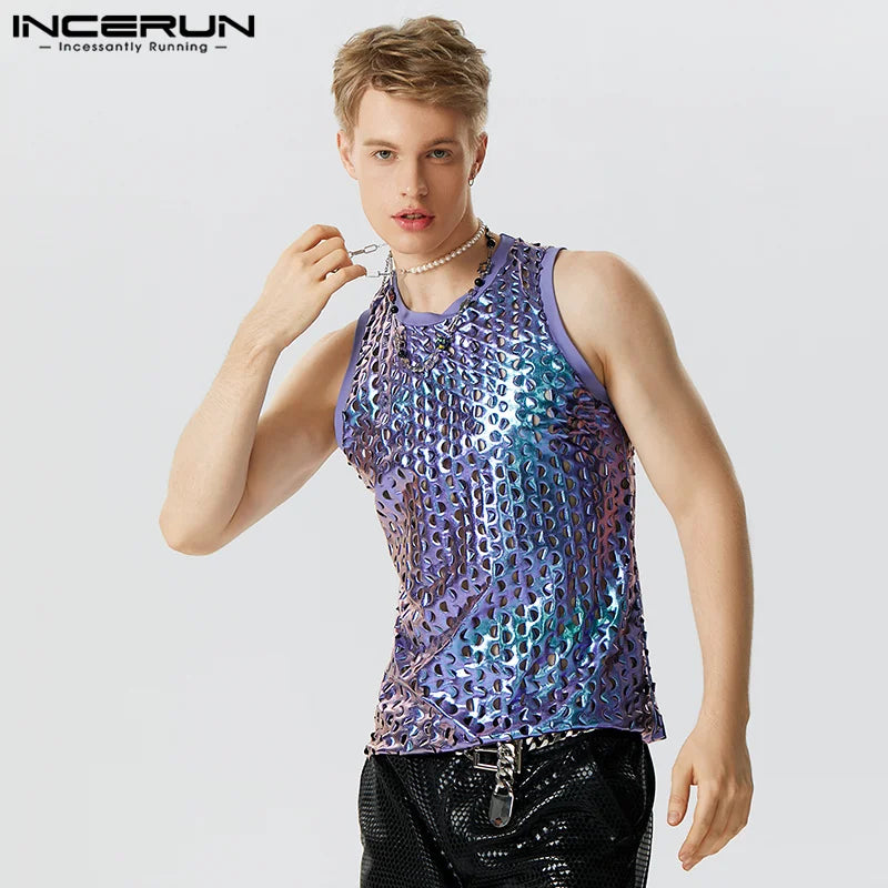 2023 Men Tank Tops Sparkling O-neck Sleeveless Streetwear Hollow Out Vests Summer Sexy Fashion Party Men Clothing S-5XL INCERUN