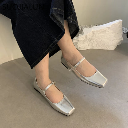 SUOJIALUN 2023, novedad de verano, zapatos planos para mujer a la moda con punta cuadrada, zapatos Mary Jane poco profundos, zapatos de Ballet informales suaves, zapatos con talón descubierto