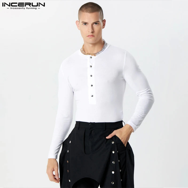 INCERUN – body pour hommes, couleur unie, col rond, manches longues, boutons, Fitness, barboteuse, Streetwear, mode décontractée, 2023, S-5XL