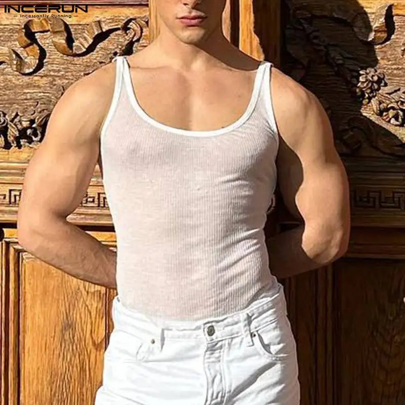 2023 Men Tank Tops Solid O-neck Sleeveless Breathable See Through Sexy Vests Streetwear Fashion Thin Men Clothing INCERUN S-5XL