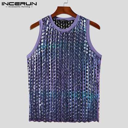 2023 Men Tank Tops Sparkling O-neck Sleeveless Streetwear Hollow Out Vests Summer Sexy Fashion Party Men Clothing S-5XL INCERUN