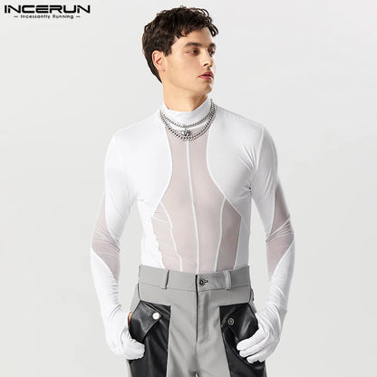 Monos con cuello de tortuga para hombre, guantes de manga larga, ropa de calle, peleles, camiseta de retales de malla, mono Sexy transparente, INCERUN 2023