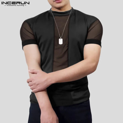 INCERUN-Camiseta de malla para hombre, ropa informal con diseño de varias telas, cuello redondo, manga corta, Sexy, transparente, S-5XL, 2023