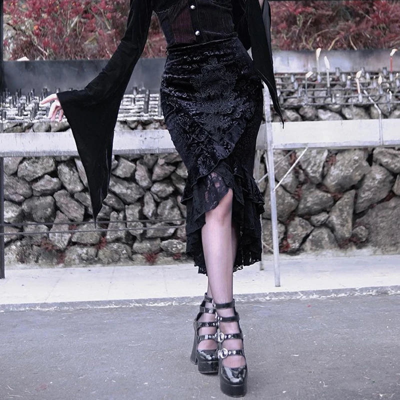 Goth Dark Vintage Mall Gothique Volants Sirène Jupes Grunge Punk Esthétique Dentelle Ourlet Midi Jupe Femmes Élégantes Soirée Alt Bas