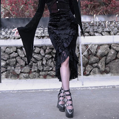 Goth Dark Vintage Mall Gothique Volants Sirène Jupes Grunge Punk Esthétique Dentelle Ourlet Midi Jupe Femmes Élégantes Soirée Alt Bas