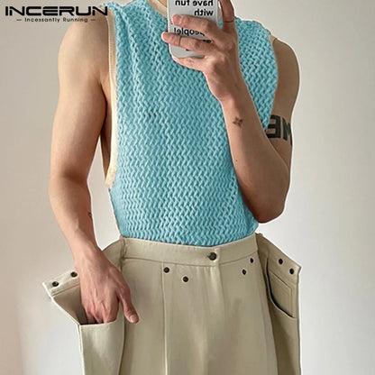 2023 hommes débardeurs Patchwork maille dentelle transparente Streetwear col rond sans manches gilets Sexy mode hommes vêtements S-5XL INCERUN 7