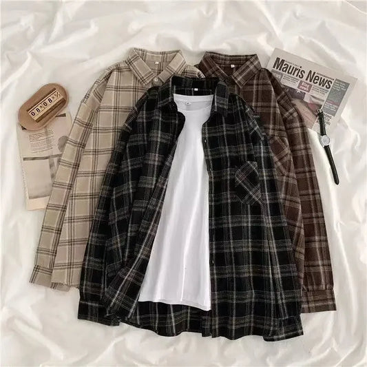 Camisas a cuadros Vintage para Mujer, camisa de manga larga de gran tamaño con botones, moda coreana, prendas de vestir informales para otoño, Blusas para Mujer 2021