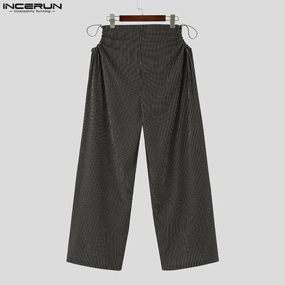 INCERUN-pantalones a rayas para hombre, ropa de calle holgada con agujeros, con cordón, para correr, pantalón informal plisado, S-5XL, moda 2023