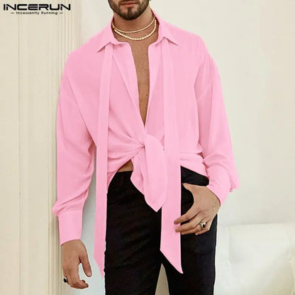 2023 Men Shirt Lapel Long Sleeve Lace Up Streetwear Button Loose Casual Men Clothing Solid Color Fashion Camisas S-5XL INCERUN