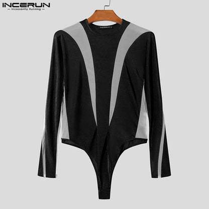 Body en maille Patchwork pour hommes, Transparent, col rond, Streetwear, manches longues, barboteuse, Fitness, Sexy, mode, INCERUN, 2023