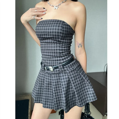 Xeemilo-Vestido tubo con estampado a cuadros Vintage, Mini Vestidos plisados ​​sexis y suaves con cuello oblicuo, moda 2023, Vestidos con hombros descubiertos y espalda descubierta