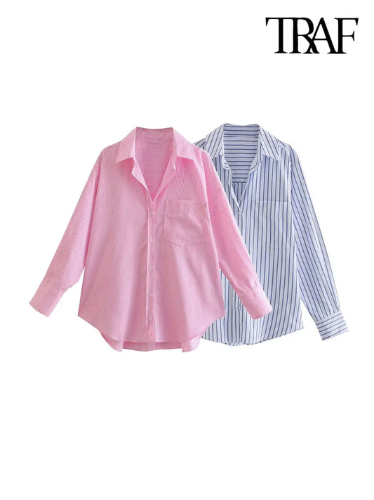 TRAF-Camisas holgadas a rayas con bolsillo para mujer, blusas de manga larga con botones, blusas elegantes, moda femenina