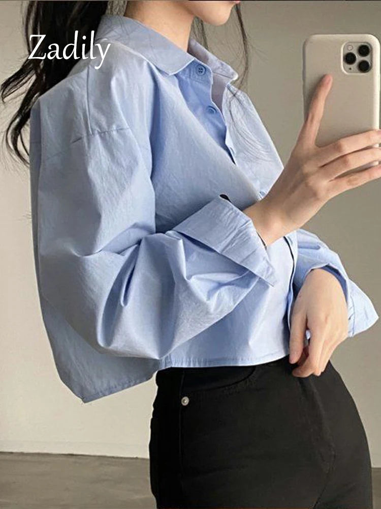 Zadily-Camiseta informal de manga larga para mujer, camisa blanca de estilo coreano con botones sólidos, Tops cortos divididos para mujer, blusa, ropa de fiesta 2023