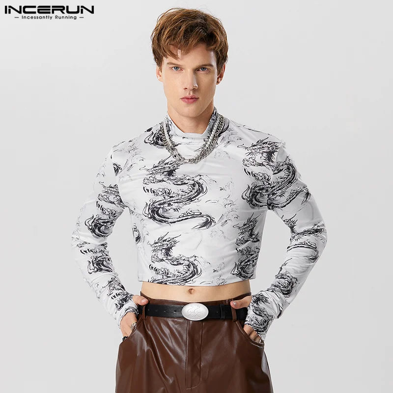 Camiseta con estampado de cuello alto para hombre, Tops cortos informales de manga larga para Fitness, ropa de calle para hombre, Camisetas de moda de otoño INCERUN S-3XL 2023