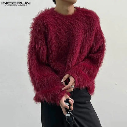 2023 Men Pullovers Solid Color Plush O-neck Long Sleeve Streetwear Casual Men Clothing Autumn Stylish Sweaters S-5XL INCERUN