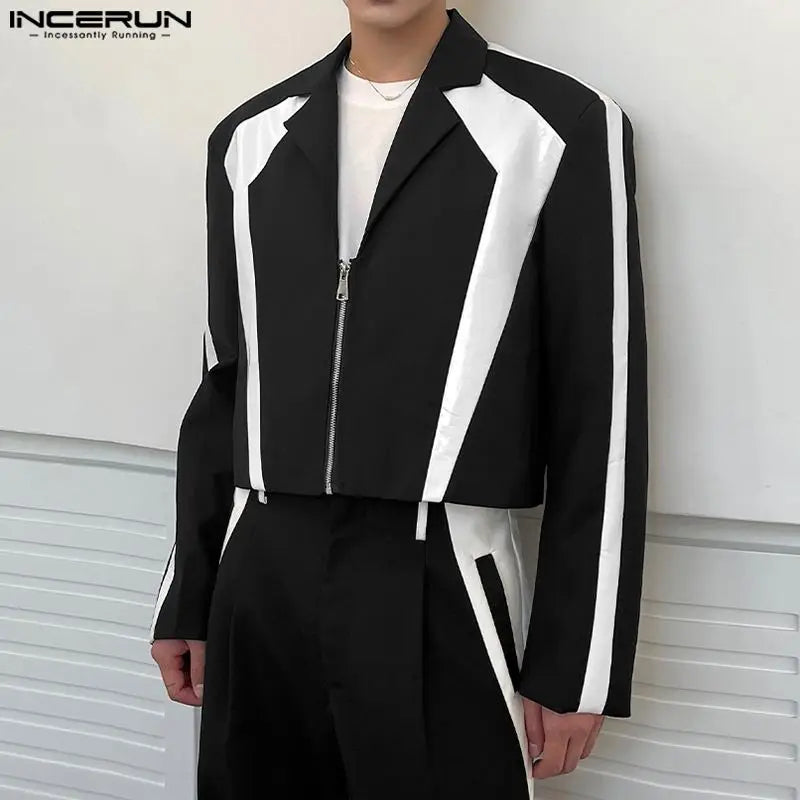 INCERUN 2023, Blazer para hombre, solapa de retazos, manga larga, cremallera, abrigos cortos informales, ropa de calle para hombre, moda de ocio, trajes masculinos S-5XL