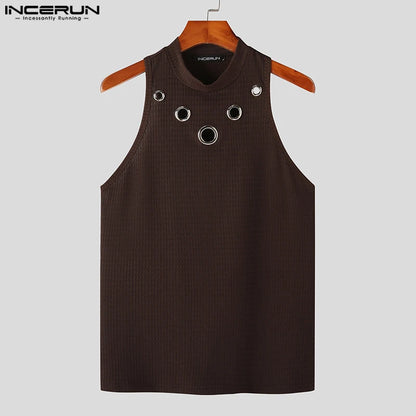 2023 Men Tank Tops Hollow Out Solid Turtleneck Sleeveless Fashion Male Vests Streetwear Summer Casual Men Clothing S-5XL INCERUN