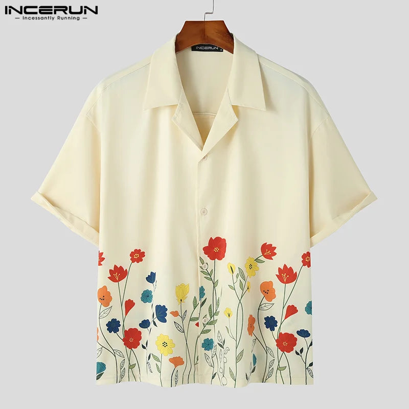 2023 hommes chemise fleur impression revers manches courtes en vrac été Streetwear hommes vêtements Style coréen chemises décontractées S-5XL INCERUN