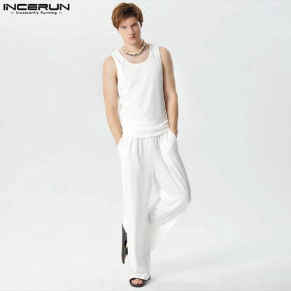 2024 Men Sets Solid Loose Streetwear O-neck Sleeveless Tank Tops & Pants Two Pieces Sets Fashion Men Casual Suits S-5XL INCERUN