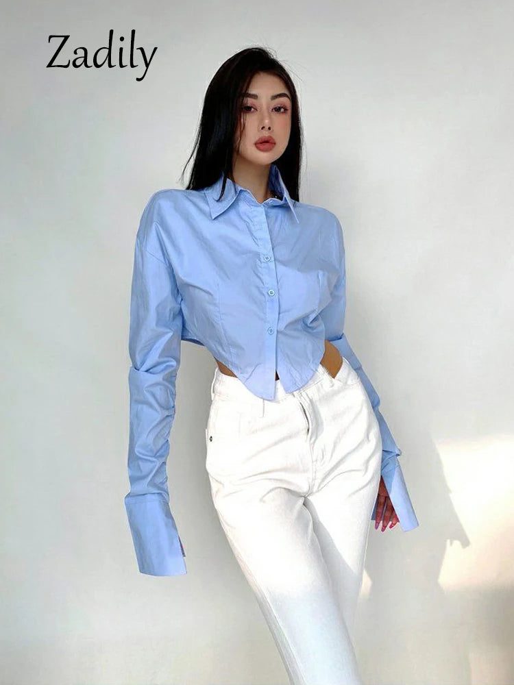 Zadily 2023 primavera estilo coreano camisa blanca de manga larga mujeres Sexy botón señoras Crop Tops blusa calle nueva en ropa femenina