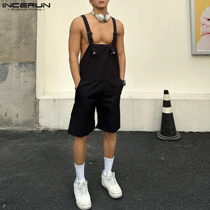 2023 Men Rompers Solid Color Sleeveless Summer Pockets Streetwear Suspender Jumpsuits Fashion Casual Men Overalls Shorts INCERUN