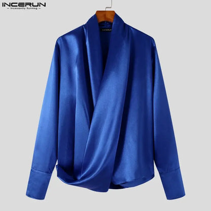 Fashion Men Shirt Solid Color Satin V Neck Long Sleeve Streetwear Loose Camisa 2023 Casual Irregular Male Shirts S-5XL INCERUN 7