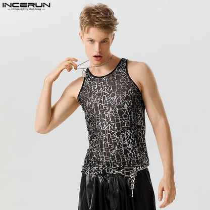 2023 Men Tank Tops Mesh Transparent Printing O-neck Sexy Sleeveless Fashion Vests Fitness Streetwear Shiny Men Clothing INCERUN