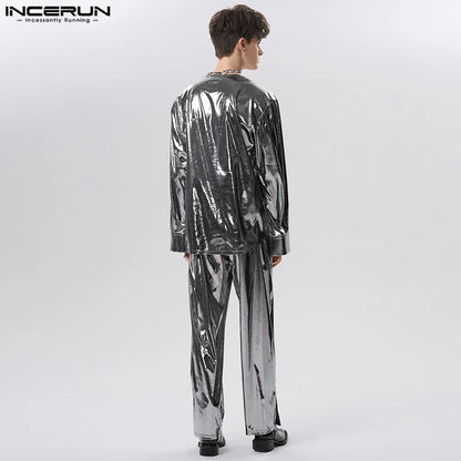 2023 Men Sets Shiny Streetwear V Neck Long Sleeve T Shirt & Pants Two Pieces Sets Loose Party Fashion Men's Suits S-5XL INCERUN