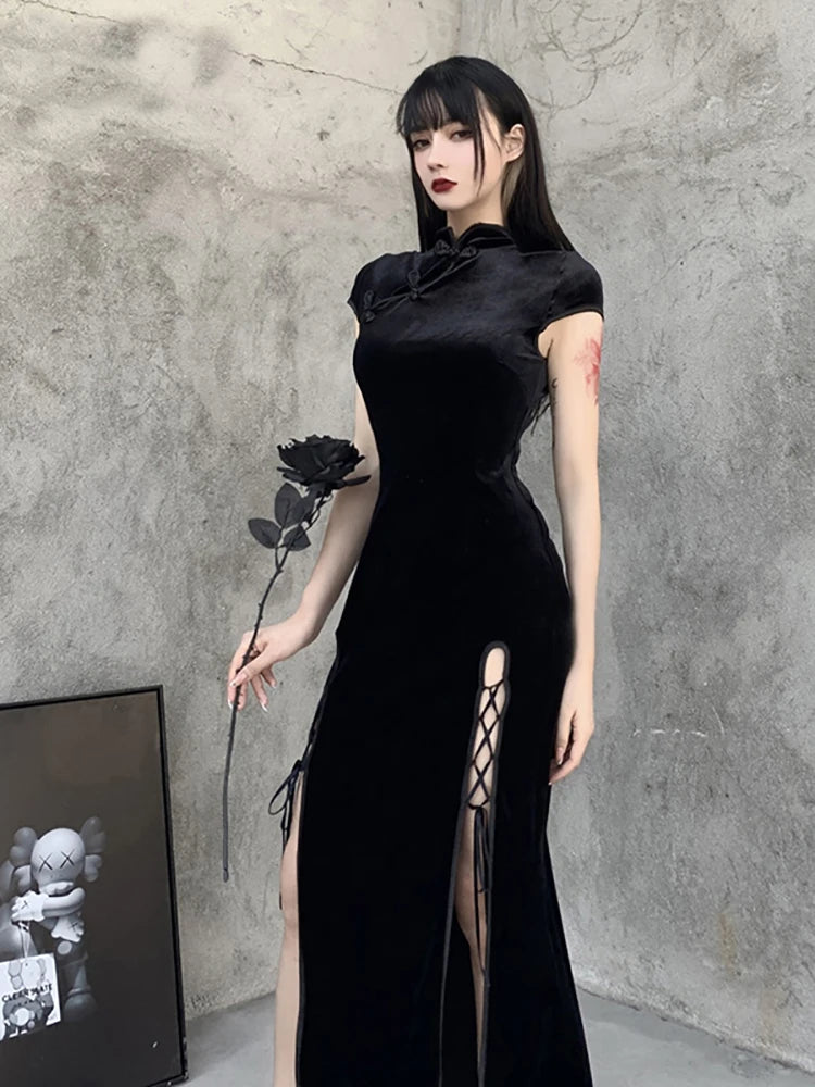 Goth Dark Romantique Gothique Velours Robes Esthétique Vintage Femmes Noir Bandage SlitHem Robe Moulante Sexy Tenue De Soirée Cheongsam