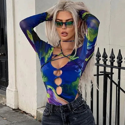 Xeemilo Aesthetic Tie-dye Hollowed Bodysuit Sexy Deep V-neck Bandage Bodycon Bodice 2023 Autumn Party Club Long Sleeve Bodysuits