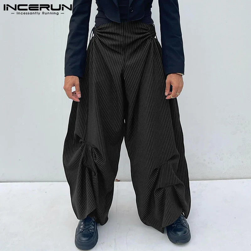 INCERUN-pantalones a rayas para hombre, ropa de calle holgada con agujeros, con cordón, para correr, pantalón informal plisado, S-5XL, moda 2023