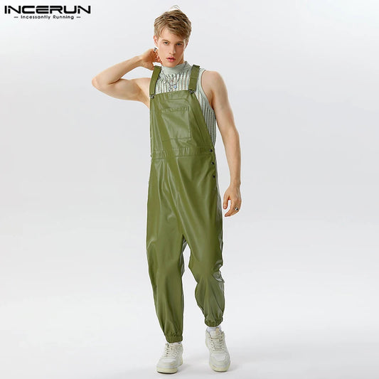 2023 Men Jumpsuits Faux Leather Solid Sleeveless Streetwear Suspender Rompers Pockets Loose Fashion Casual Male Overalls INCERUN