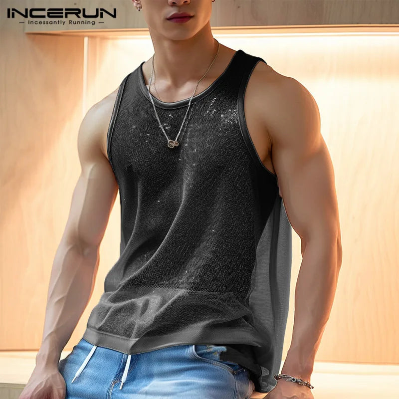 2023 Men Tank Tops Solid O-neck Sleeve Mesh Sexy Vests Streetwear Fashion Party Transparent Casual Men Clothing S-5XL INCERUN