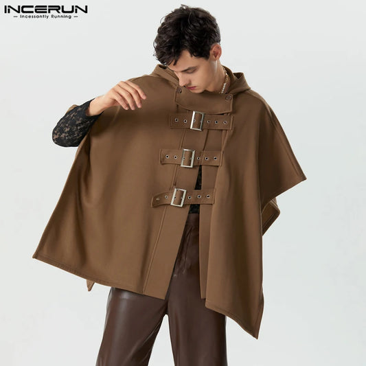 INCERUN 2023, capa para hombre, abrigos de Color sólido con capucha y botones, gabardina Irregular, Ponchos, ropa de calle, moda informal holgada, capa para hombre S-5XL