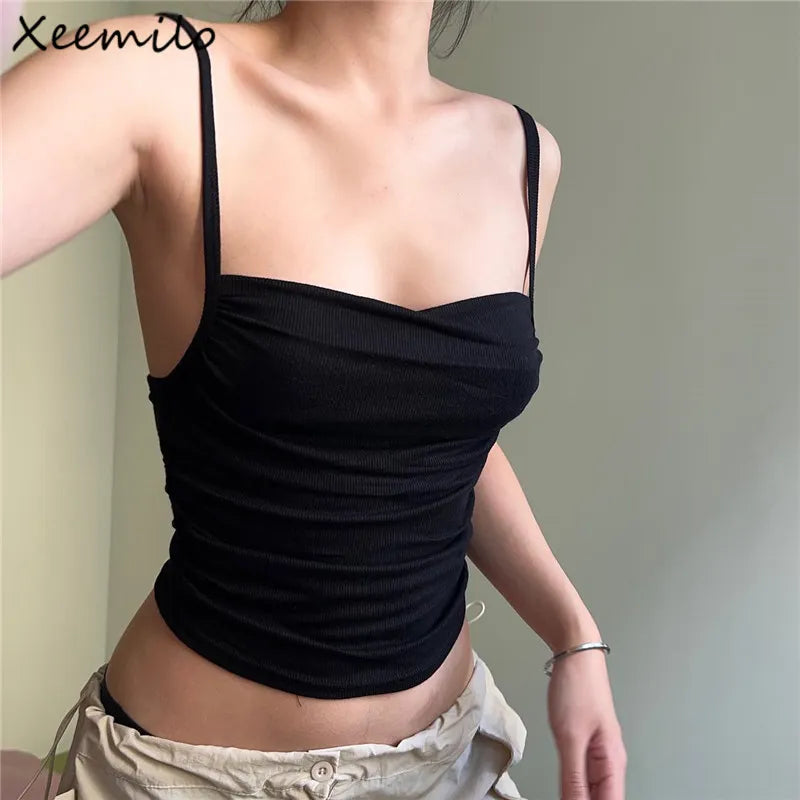 Xeemilo-Camiseta sin mangas fruncida con tirantes finos, Tops cortos informales a juego con Espalda descubierta, ropa interior sencilla, corsés ajustados 2023