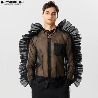 INCERUN – chemise en maille Patchwork plissée pour hommes, col montant, manches longues, Streetwear, Sexy, transparente, chemises de fête, à la mode, 2023