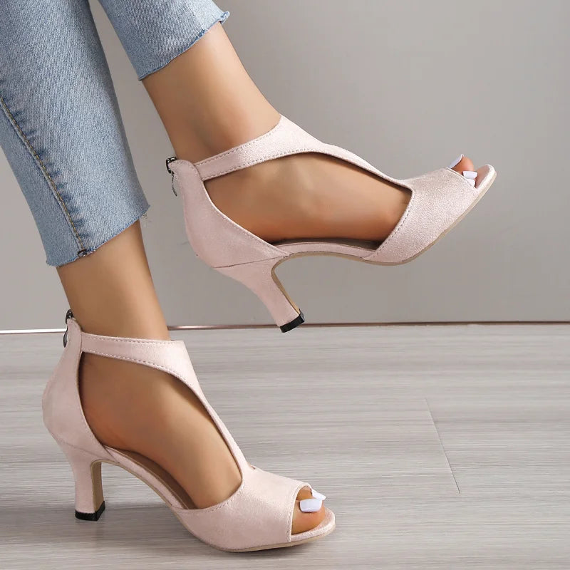 NOVEDAD DE VERANO 2023, sandalias de Boca de pescado de cuero cepillado, cremallera trasera para mujer, zapatos individuales de tacón alto cómodos sexis de Color sólido para mujer