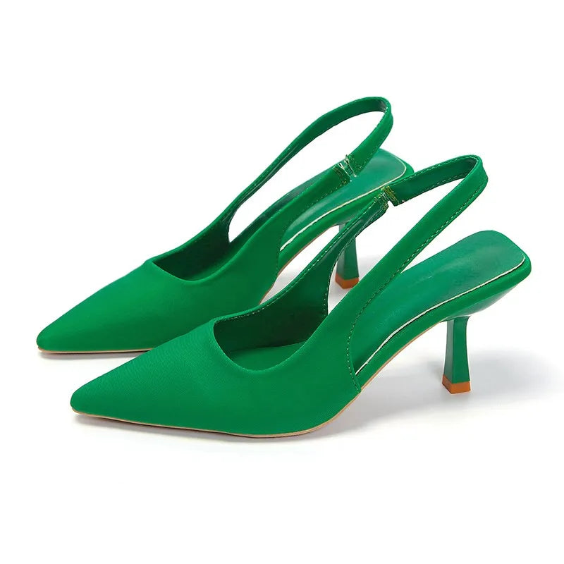 Zapatos de verano para mujer, sandalias de tacón medio con punta estrecha y tacón medio, sandalias con punta vacía en la espalda, color verde, 2023