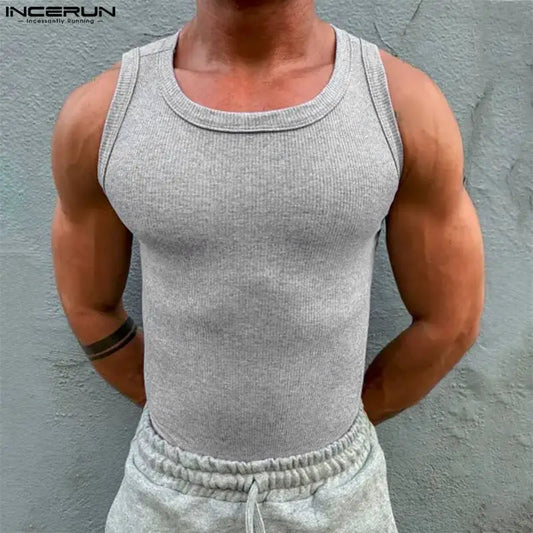 2023 Men Tank Tops Solid O-neck Sleeveless Fitness Workout Summer Vests Streetwear Stylish Casual Men Clothing S-5XL INCERUN